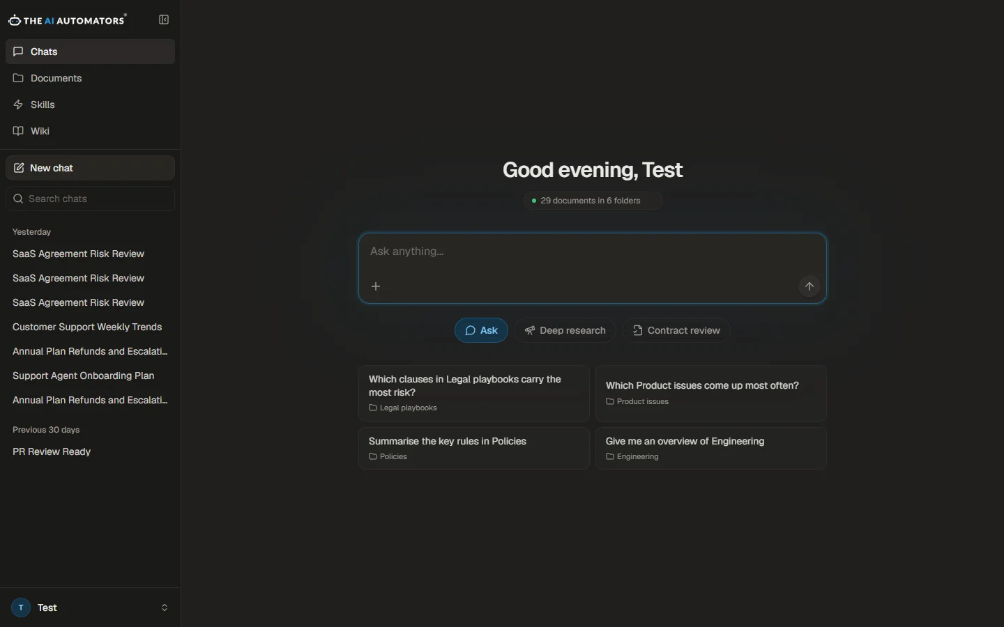 The platform chat home with the composer, its three modes and suggested questions drawn from document folders