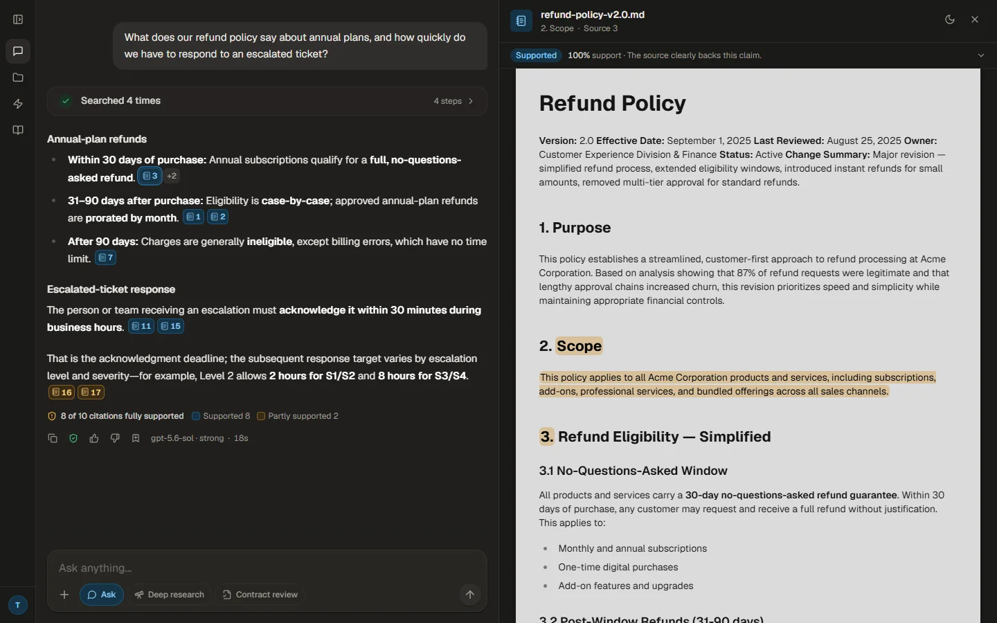 A cited answer about a refund policy with the source document open beside it and the cited passage highlighted