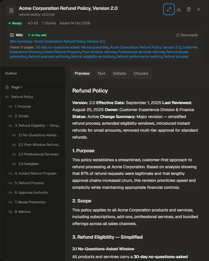 A document opened in the sidecar with its outline, rendered preview and the wiki pages it feeds