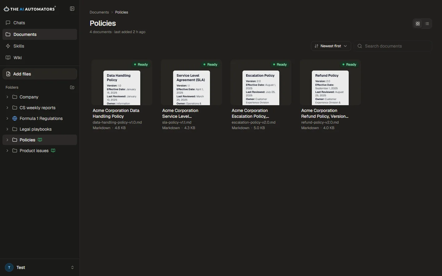The Documents page showing a Policies folder with four processed documents