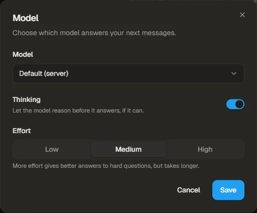 The model dialog with model choice, a thinking switch and low, medium or high effort