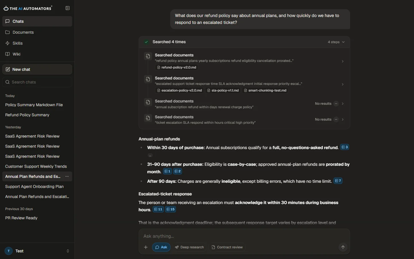 An answer with its four search steps expanded, each showing the query and the documents it returned