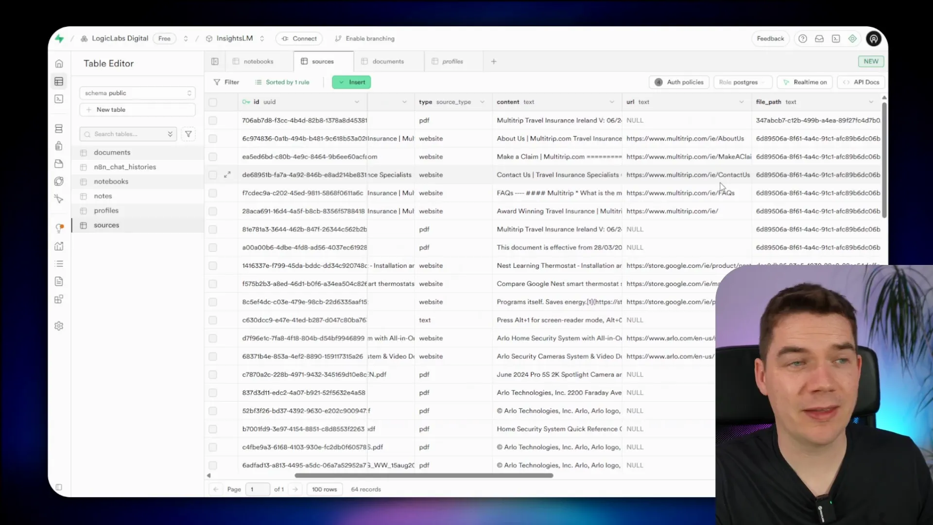Supabase database tables for notebooks, sources, and documents
