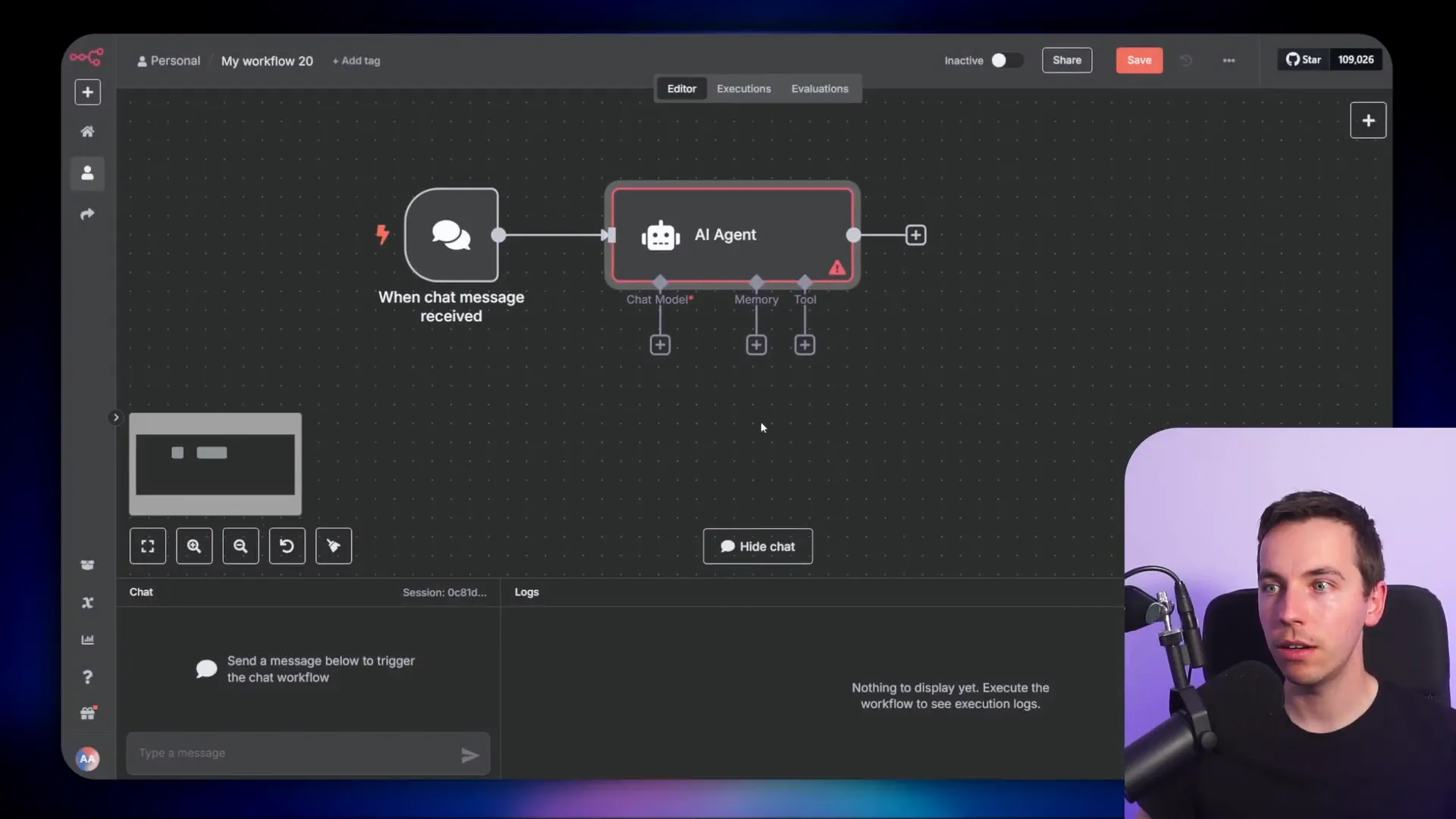n8n workflow showing AI agent with chat memory and OpenAI chat model nodes