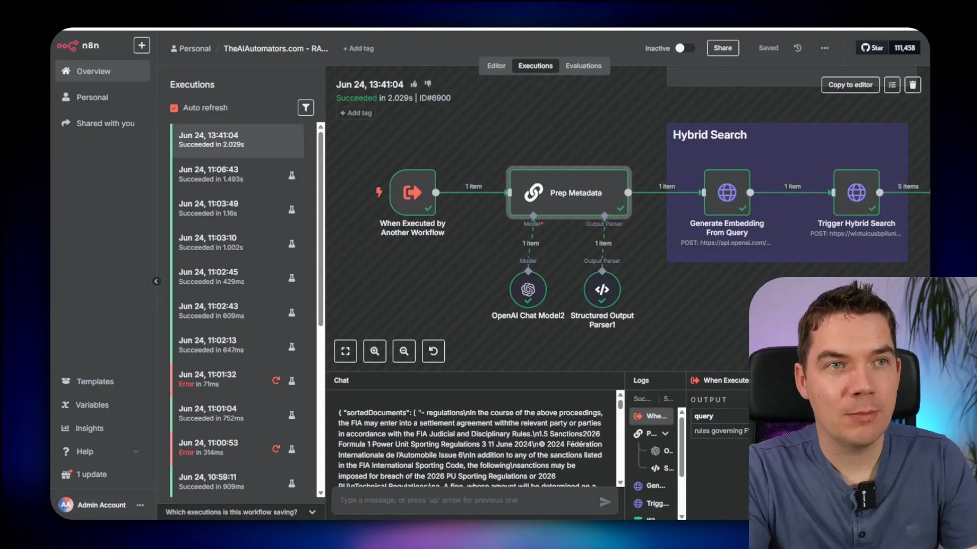 Advanced sub workflow showing metadata filtering and hybrid search