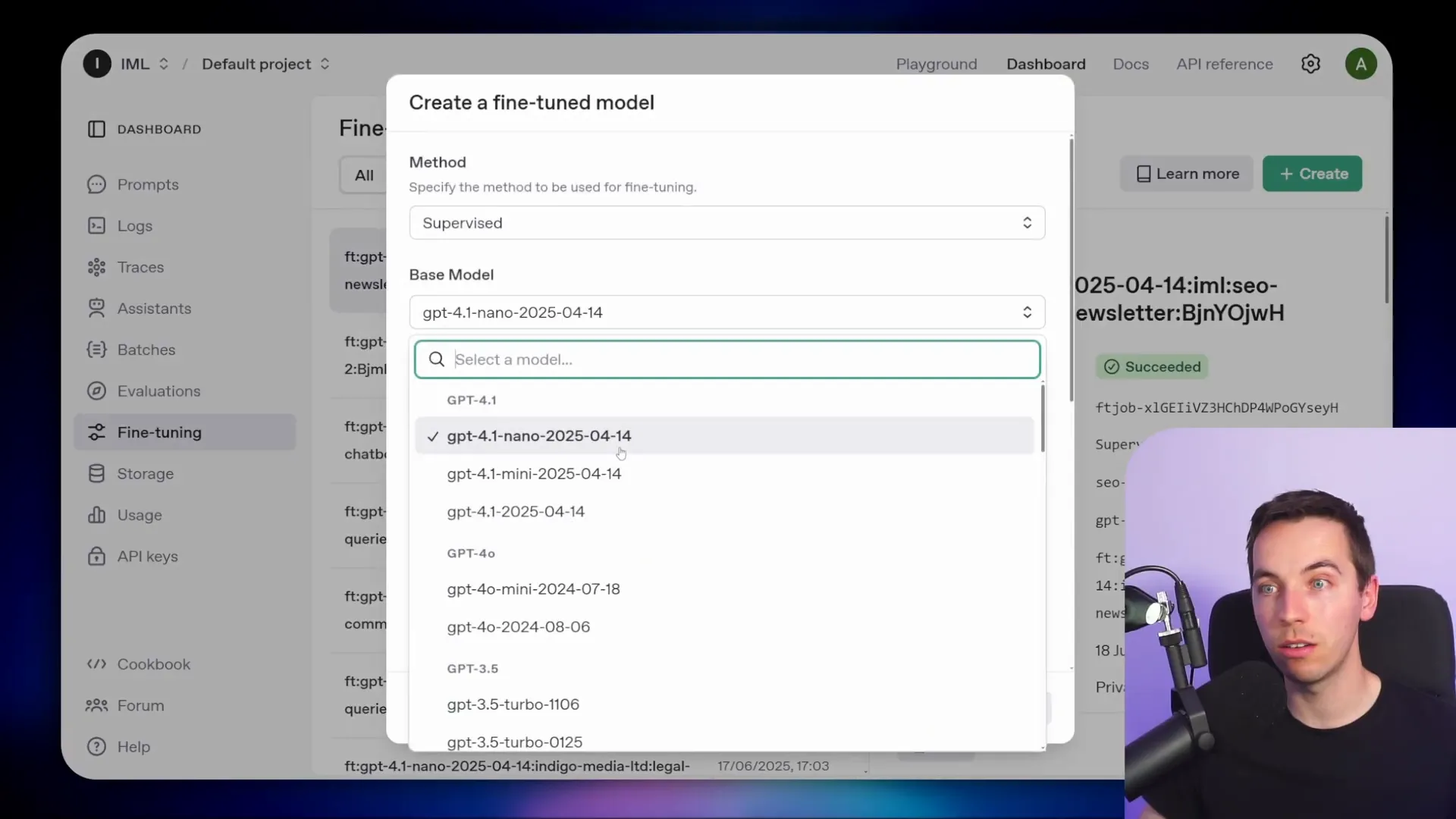 OpenAI fine-tuning dashboard showing file upload and settings