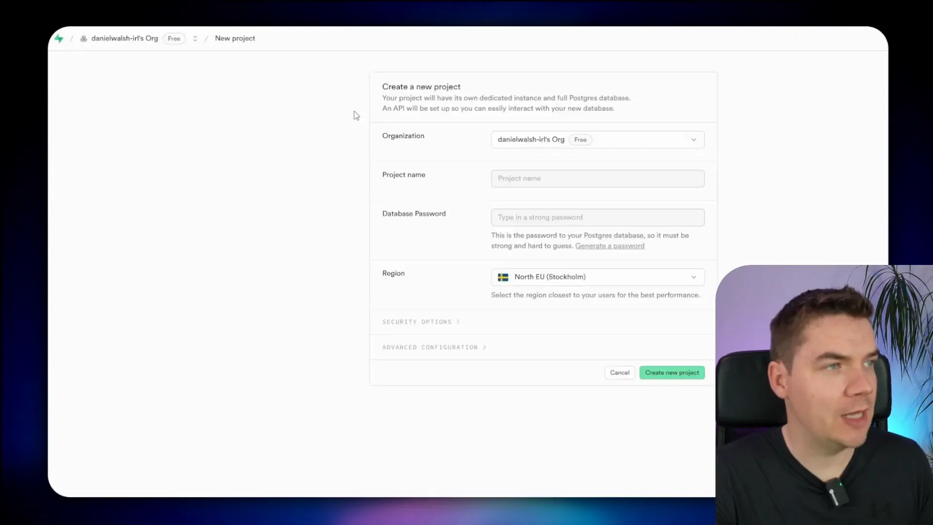 Supabase project creation screen
