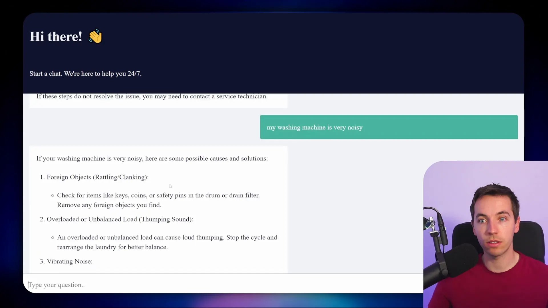 Agent response showing images and text answering a noisy washing machine question
