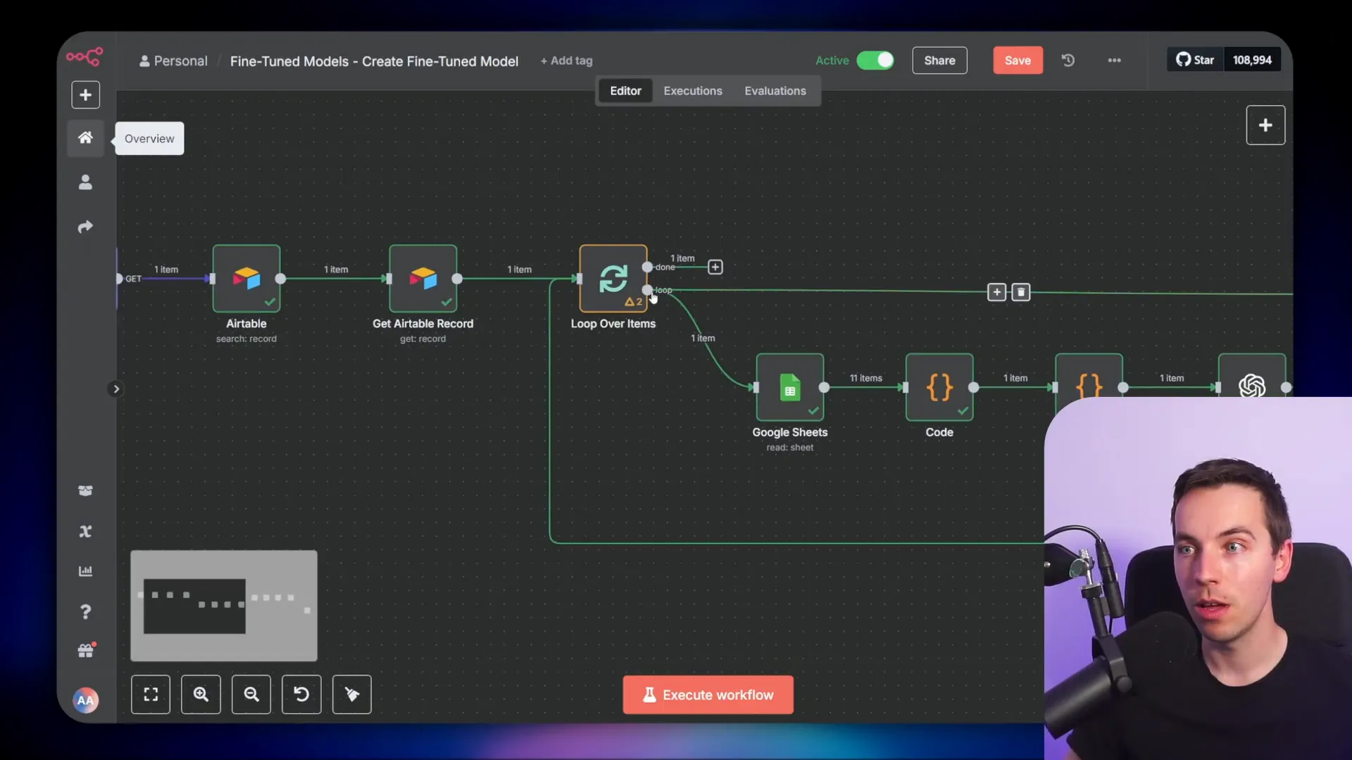 n8n workflow showing loop over items and JSONL creation
