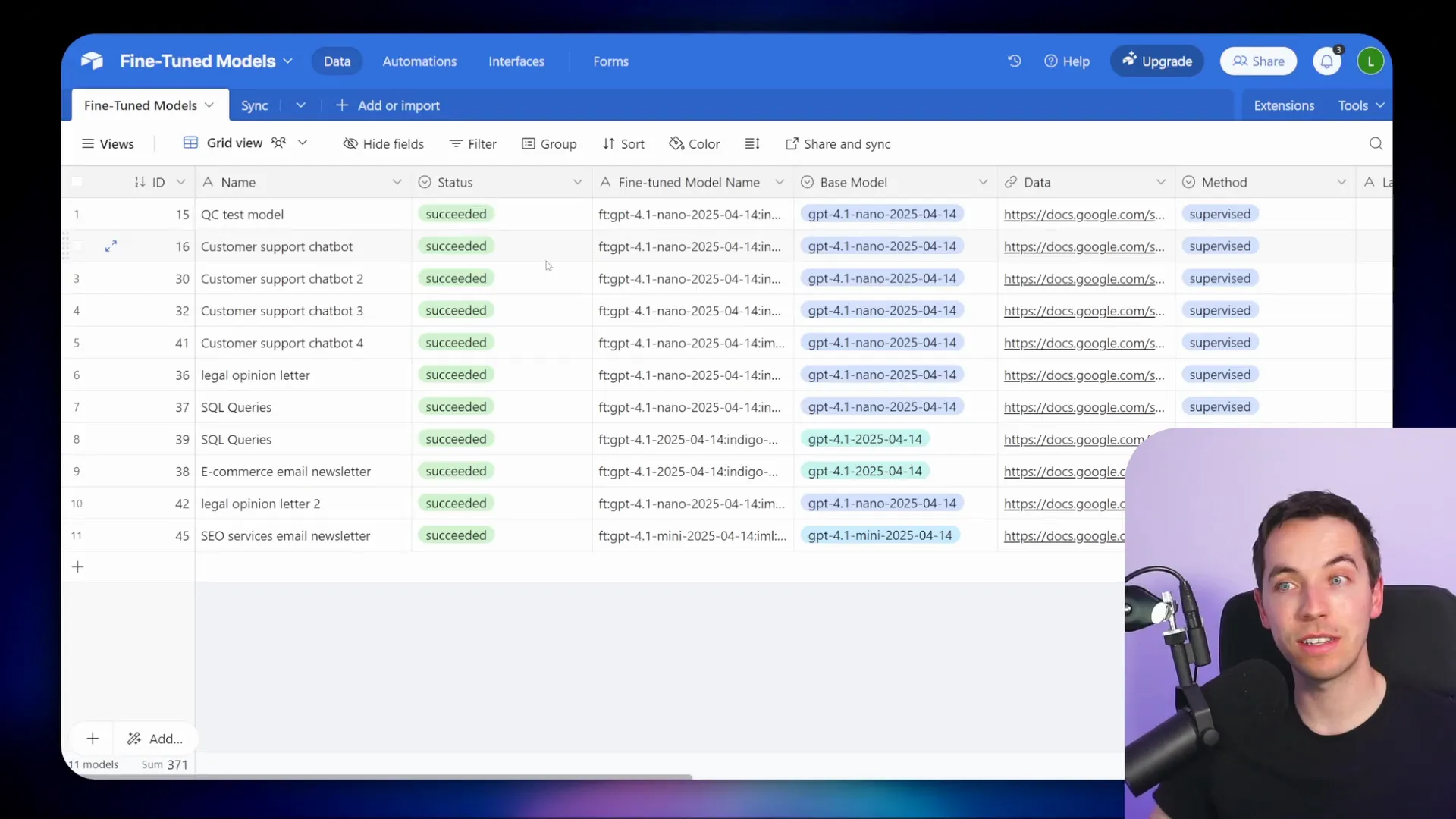 Airtable interface showing fine-tuning job tracking and status