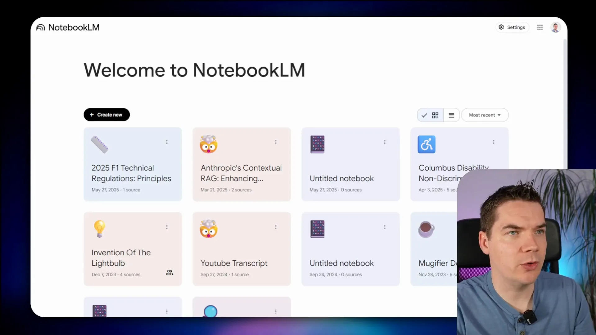 Screenshot of NotebookLM dashboard showing notebooks list