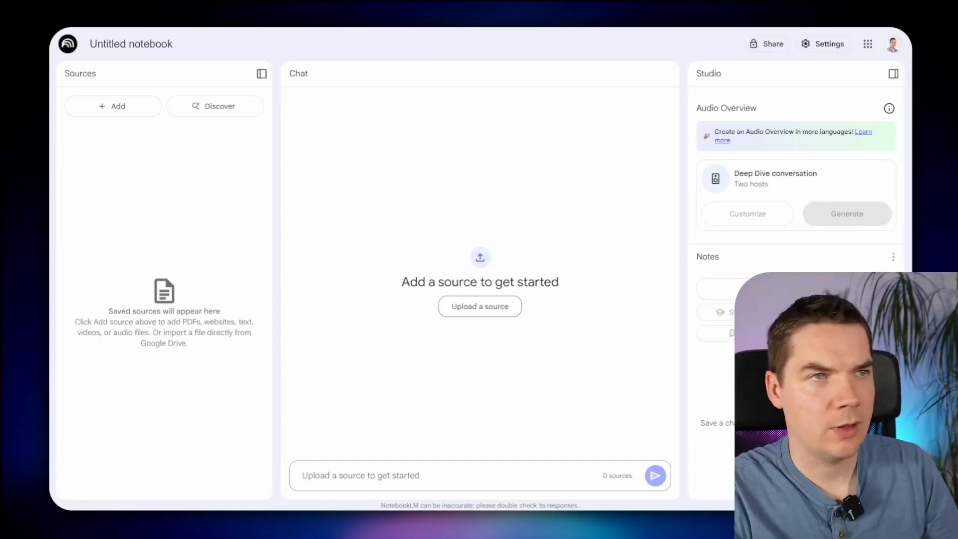 Screenshot of empty notebook interface with sources, chat and studio panels