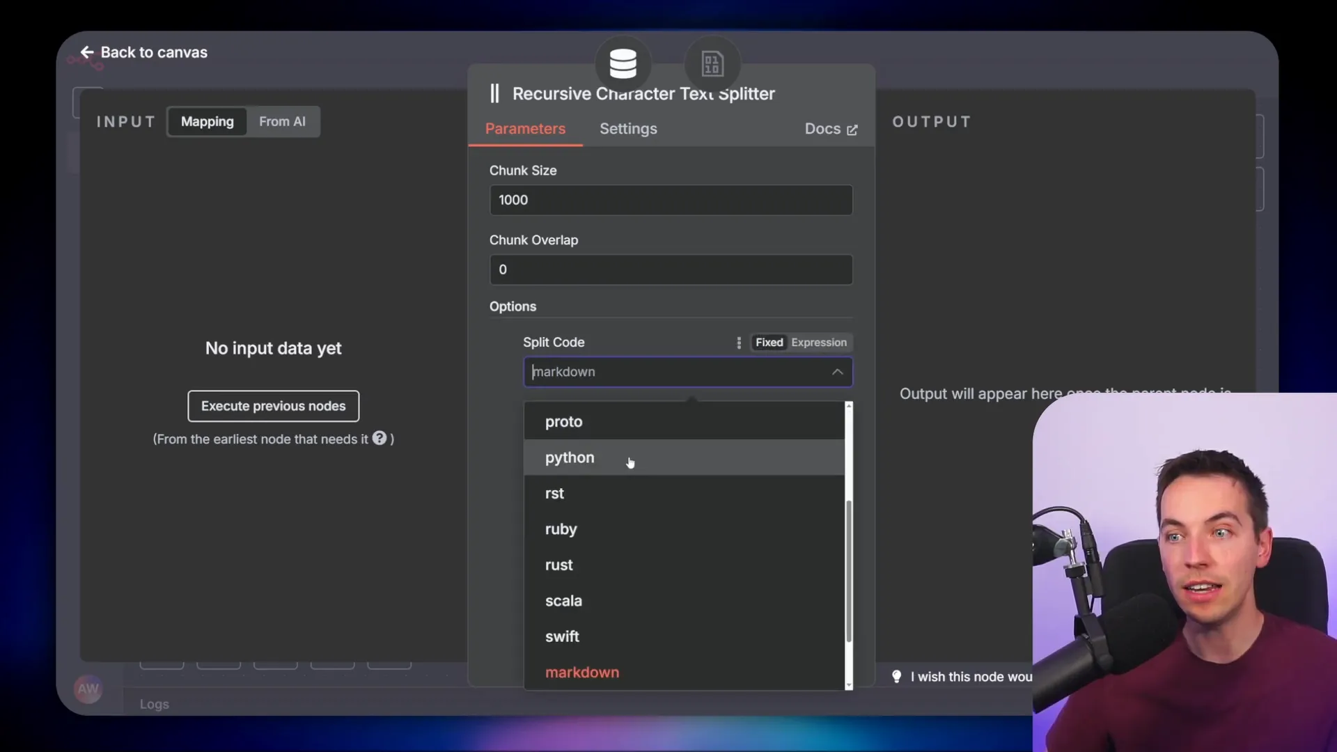 Character splitter node showing option to split by markdown