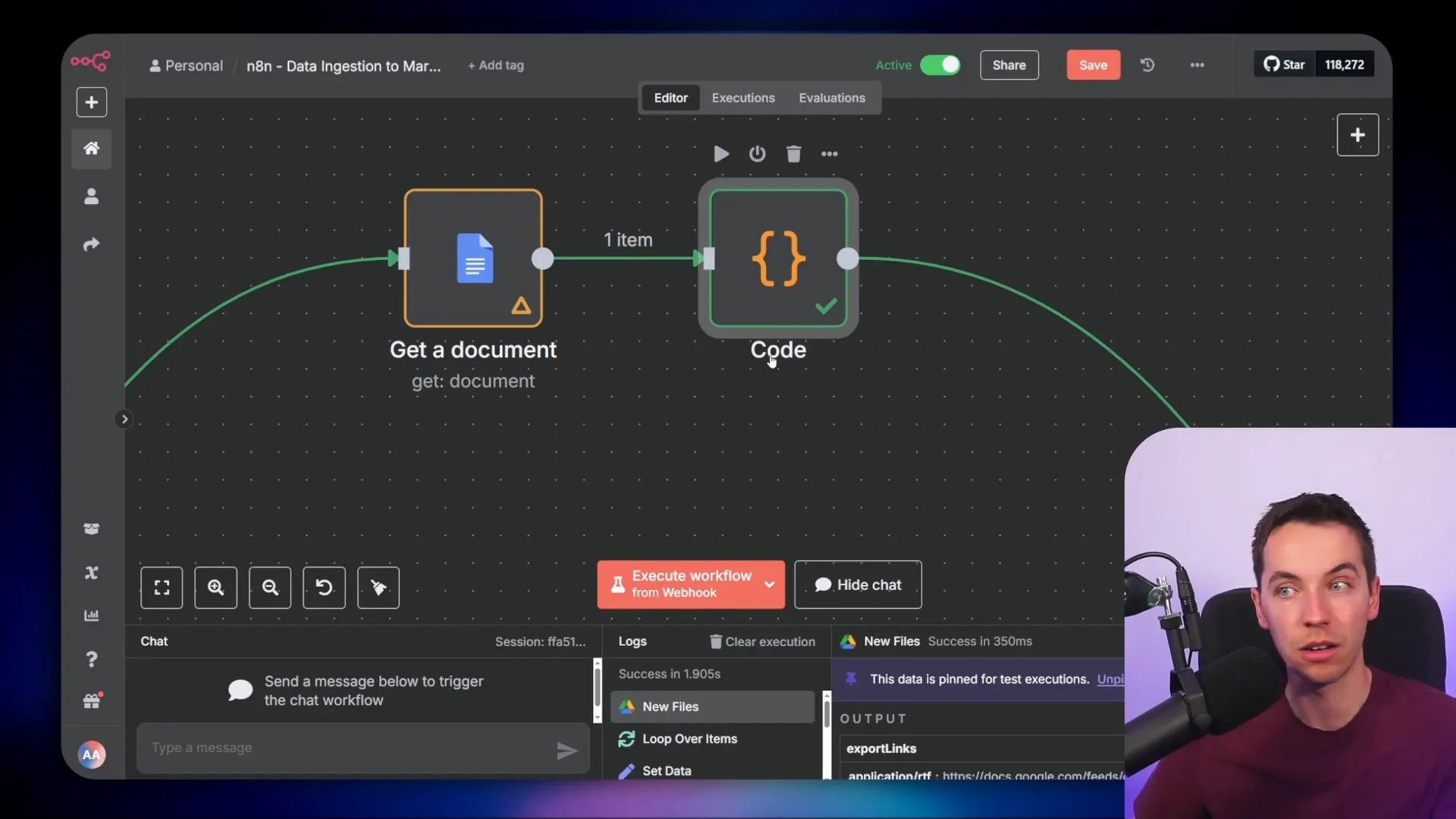 Code node converting Google Docs structured data to markdown