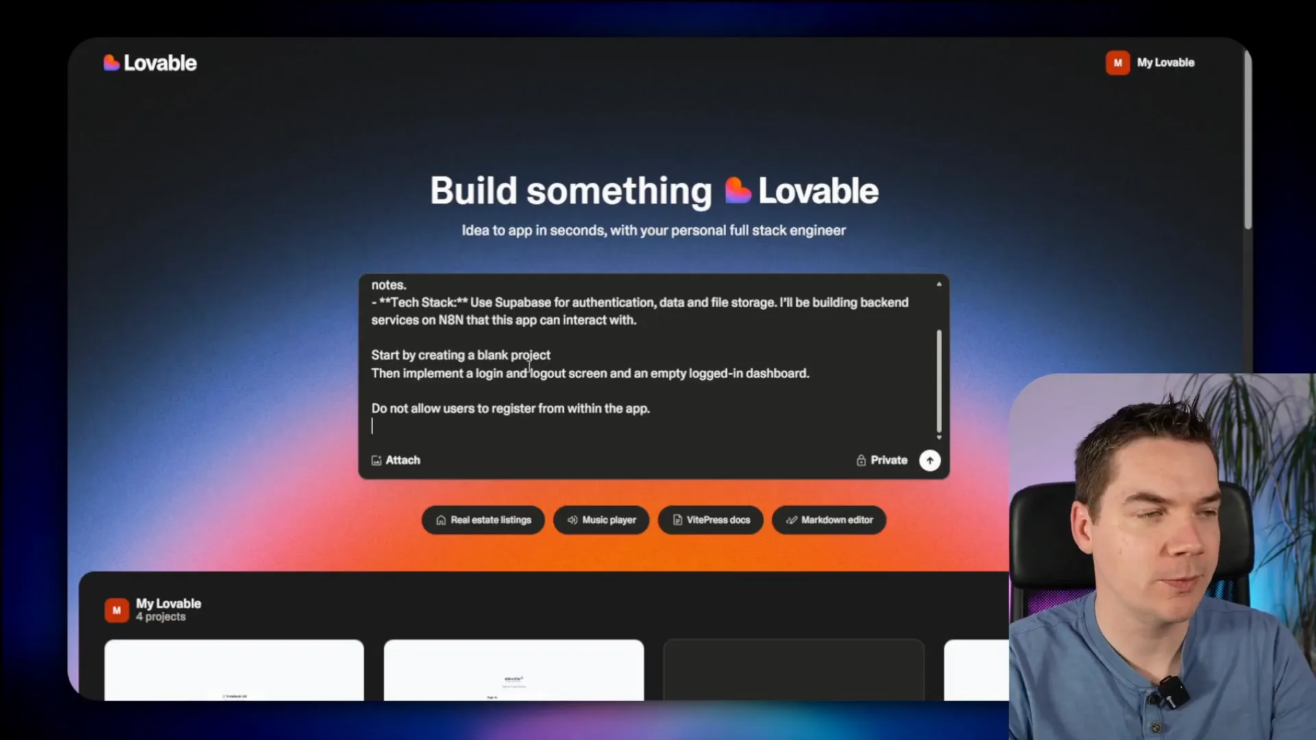 Lovable interface showing project setup and Supabase connection