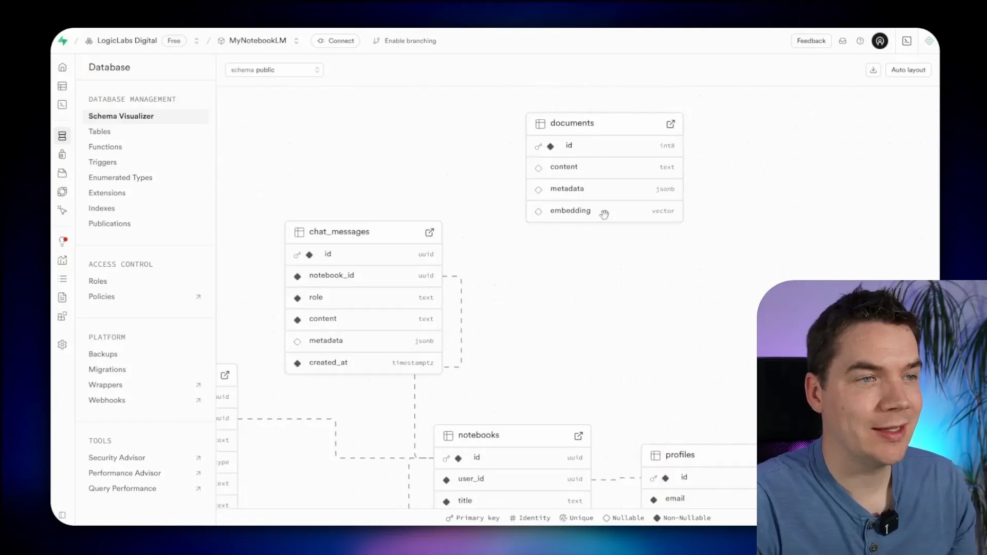 Supabase vector store showing embedded document chunks
