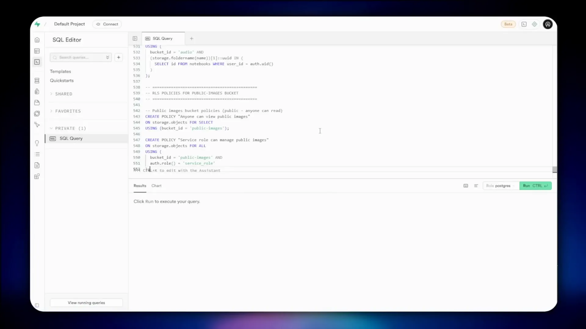 Supabase SQL Editor running migration script to set up database schema