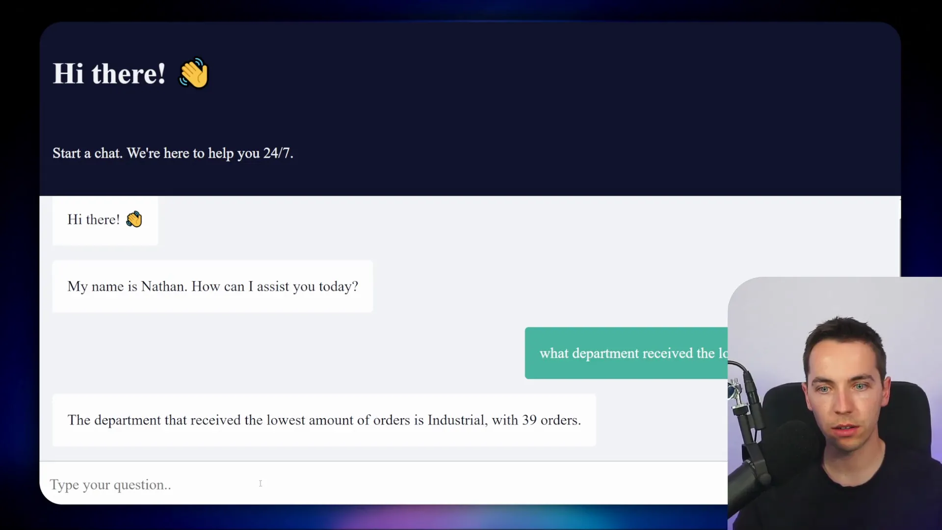 Chat interface showing AI agent answering questions using both vector and SQL queries