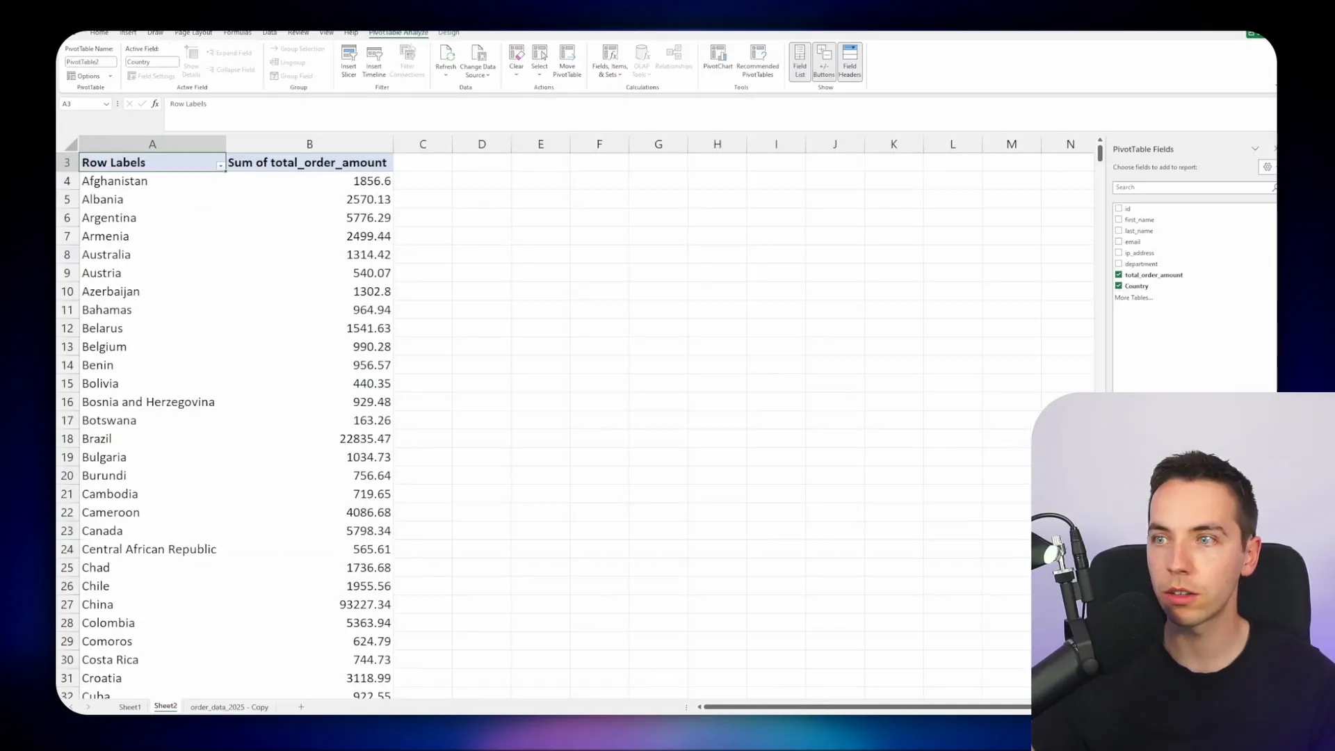 Excel pivot table verifying AI agent's response for order counts by country