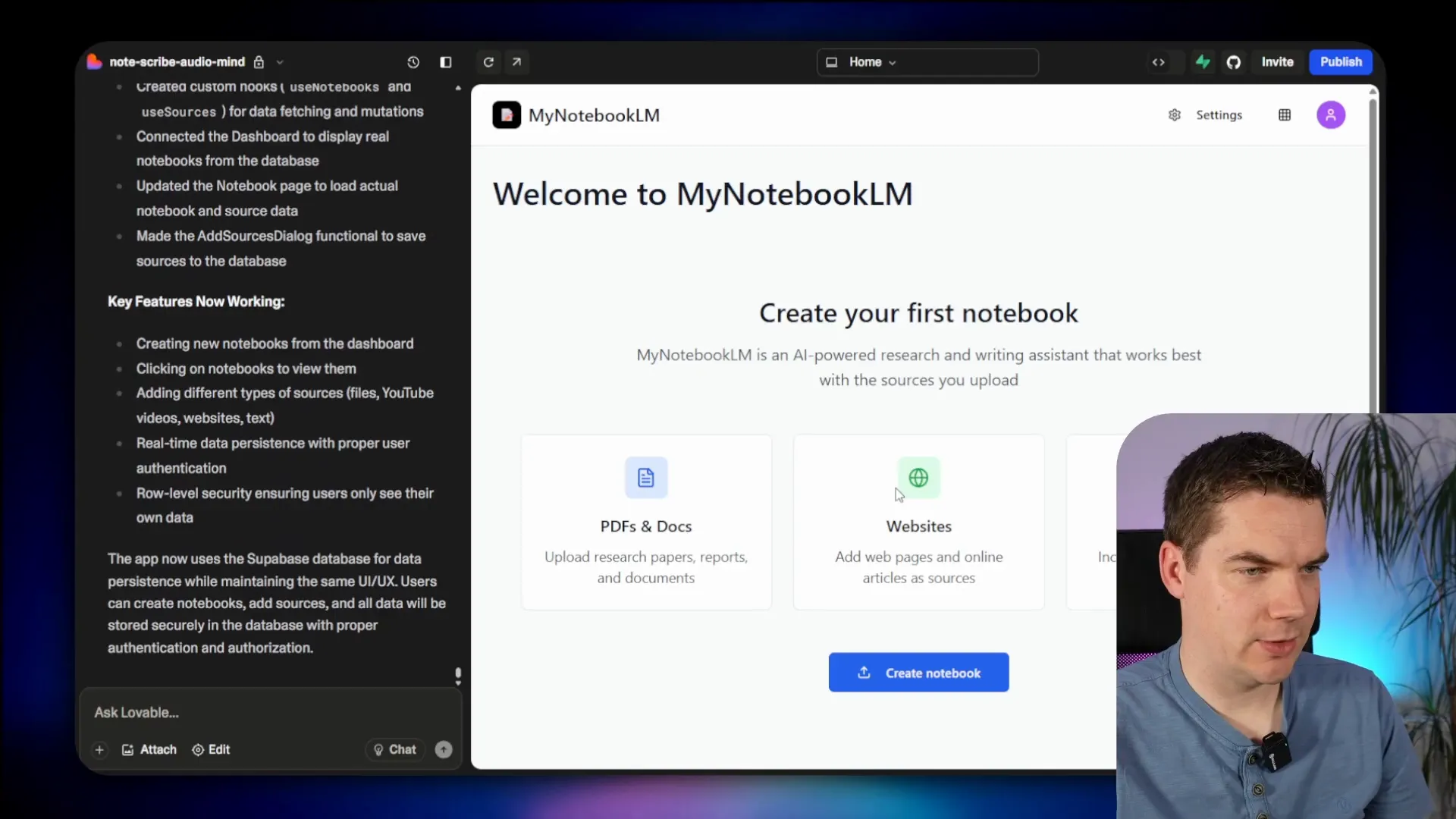 Dashboard showing created notebooks and upload source files