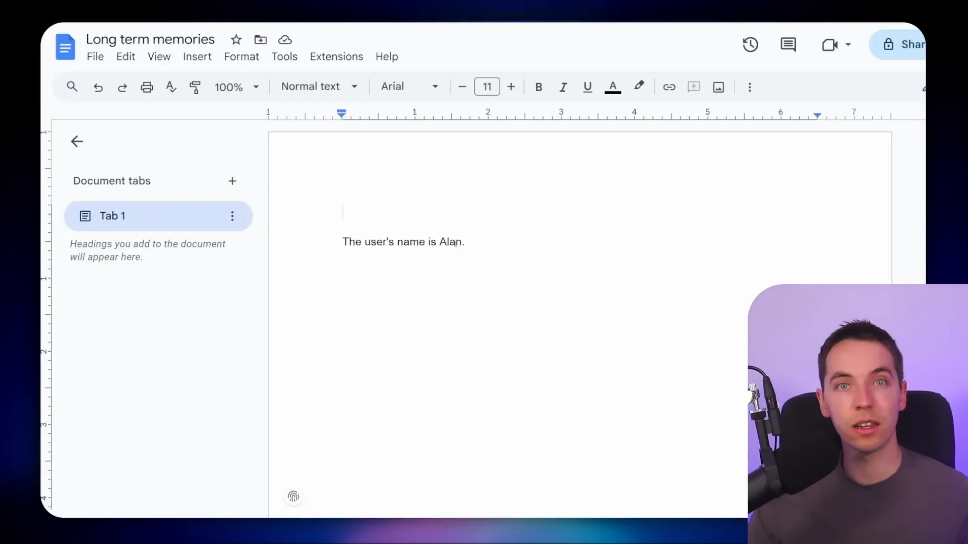 Long term memory managed in Google Docs via n8n