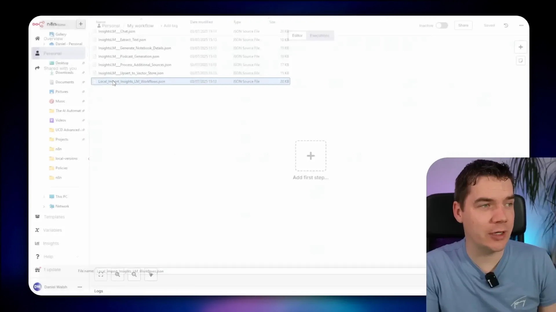 n8n workflow editor showing imported InsightsLM workflows