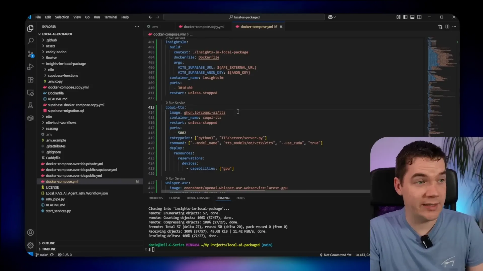 Docker Compose file with added services for InsightsLM, Coqui TTS, and Whisper ASR