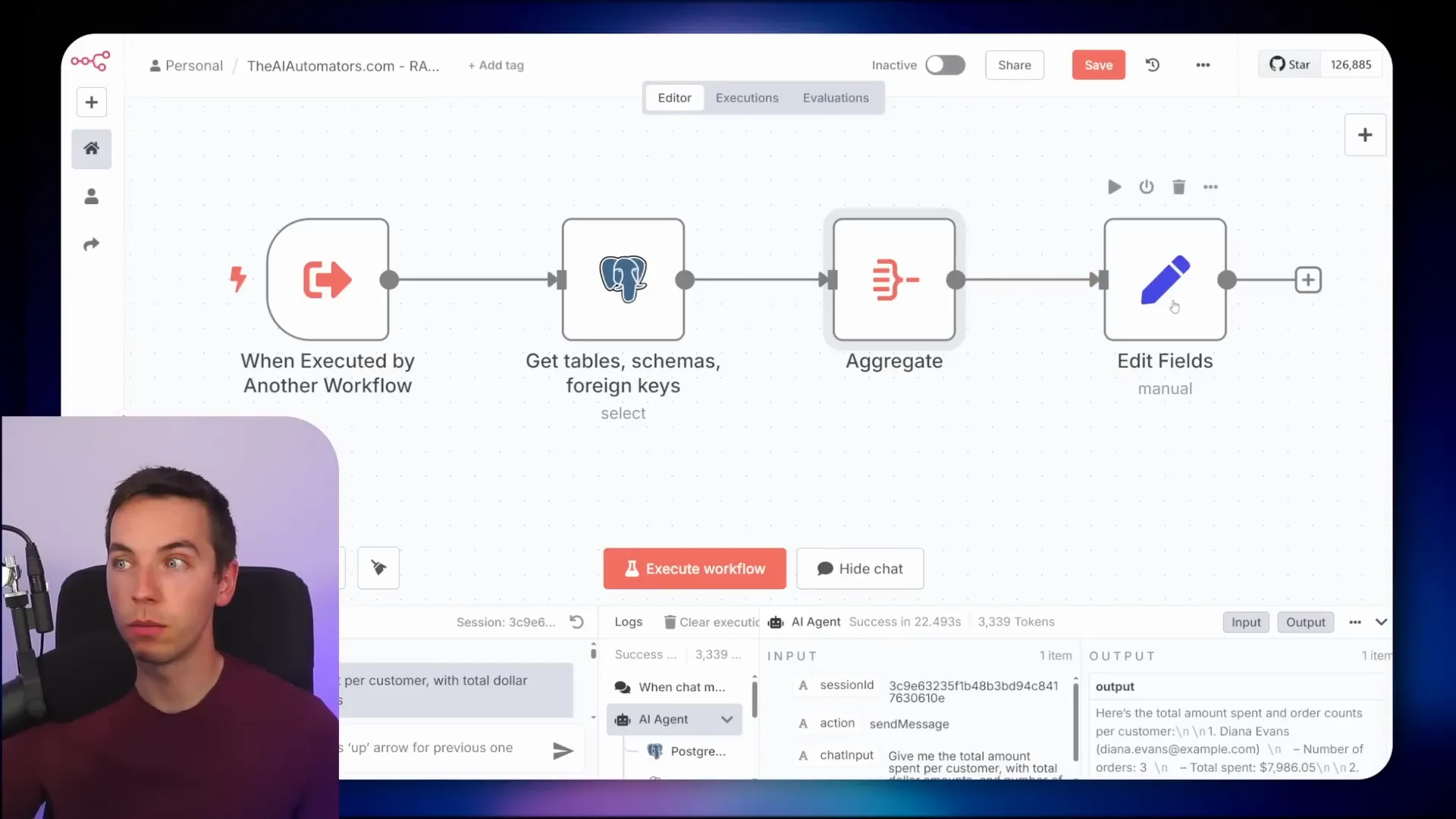 n8n workflow showing aggregation and mapping of schema data from view