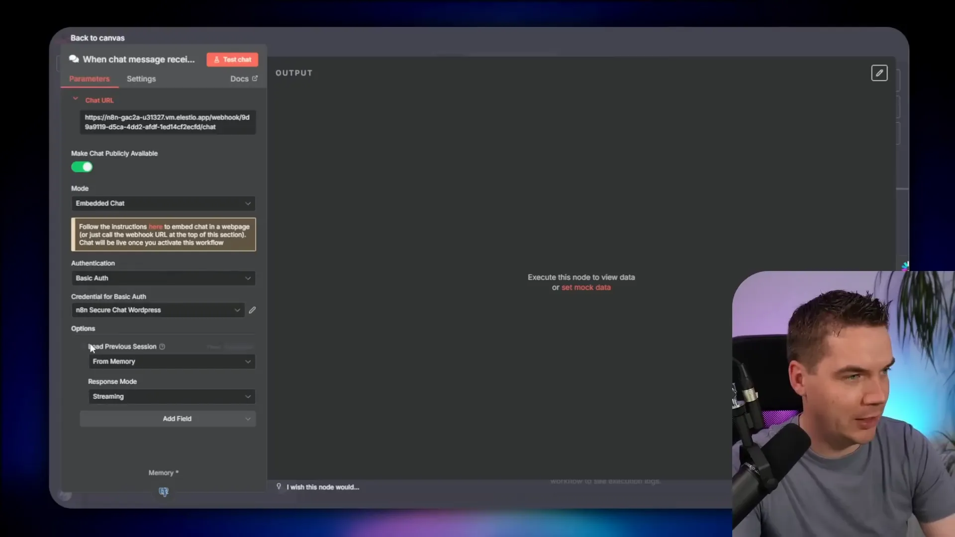 n8n chat embed configuration screen showing embedded chat mode and streaming enabled
