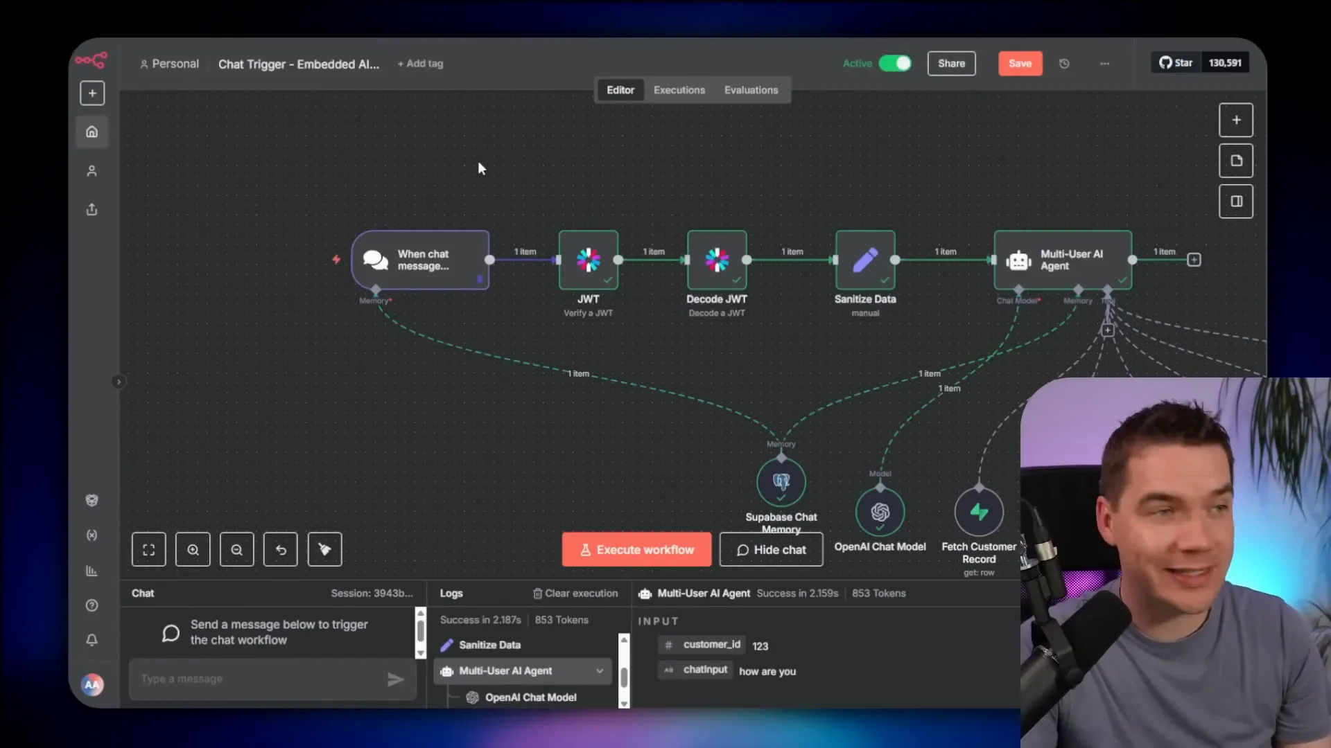 n8n workflow showing JWT verification node and execution with decoded payload