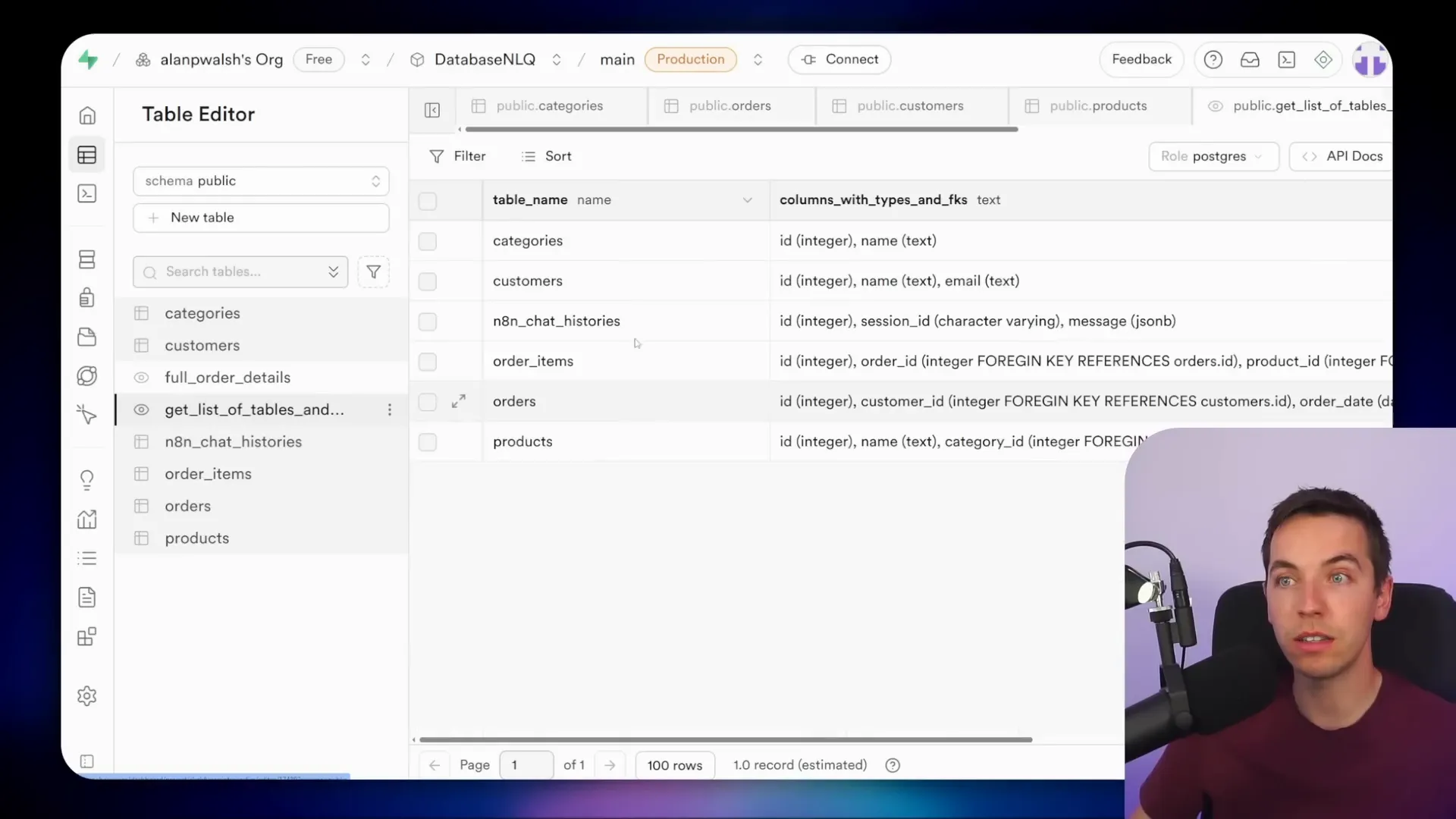 Schema retrieval tool showing tables, columns, data types, and foreign key relationships