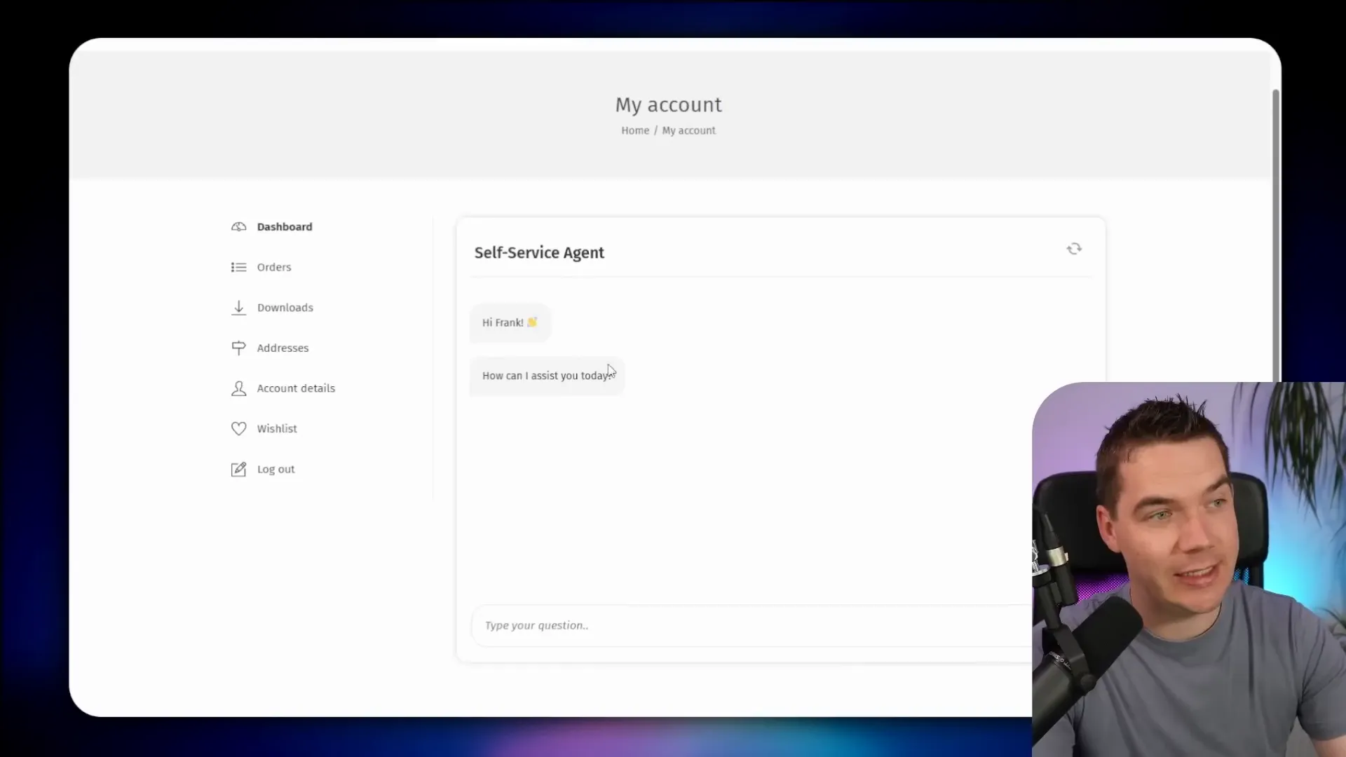 Ecommerce dashboard with the AI chat widget visible in the user dashboard