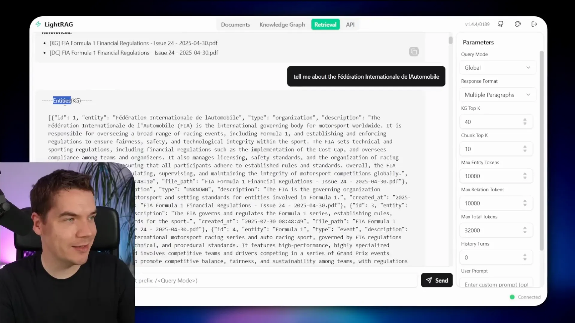 LightRAG retrieval interface showing entity relationships and text chunks