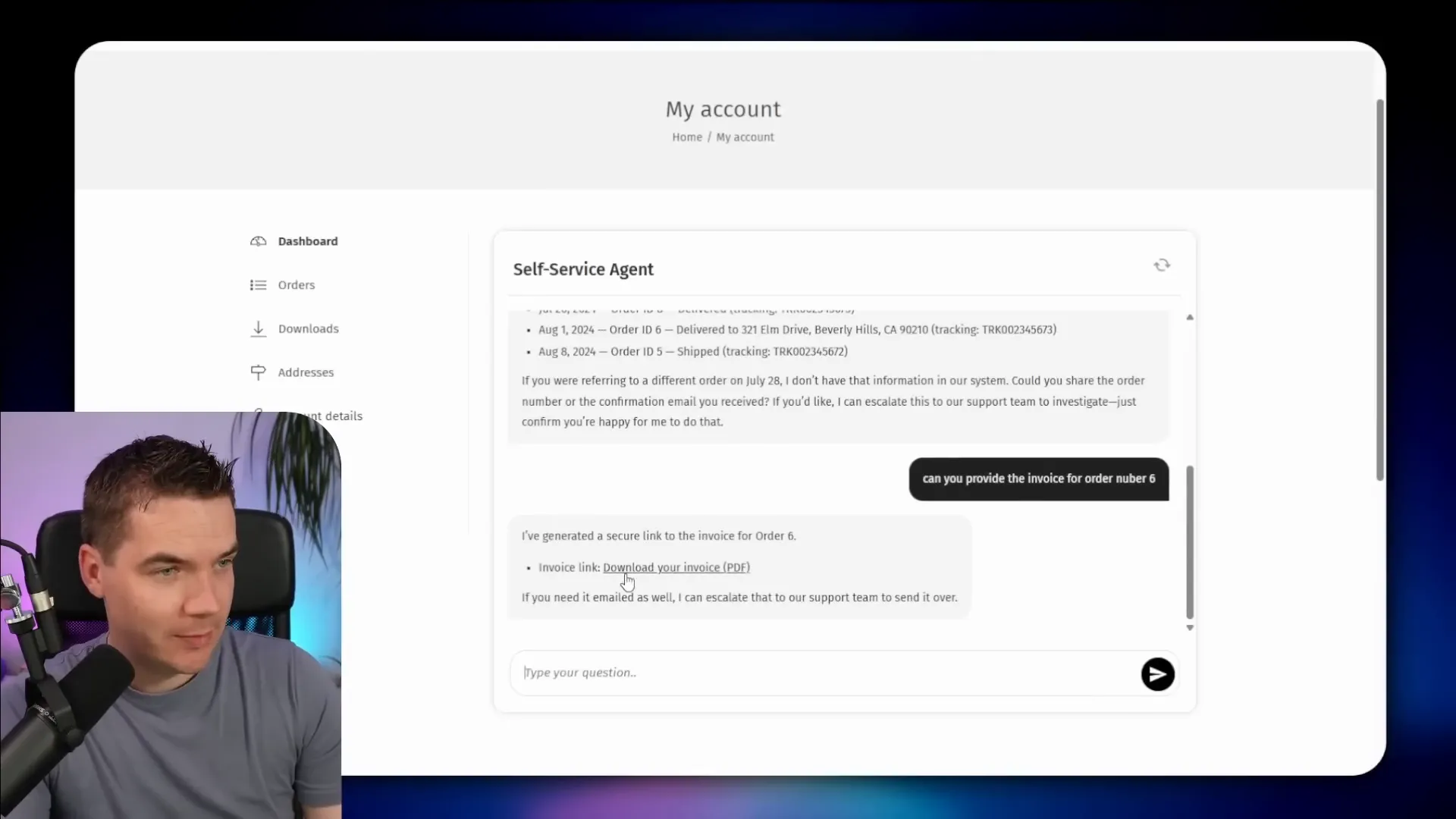 Agent generating and returning a signed URL for an invoice document