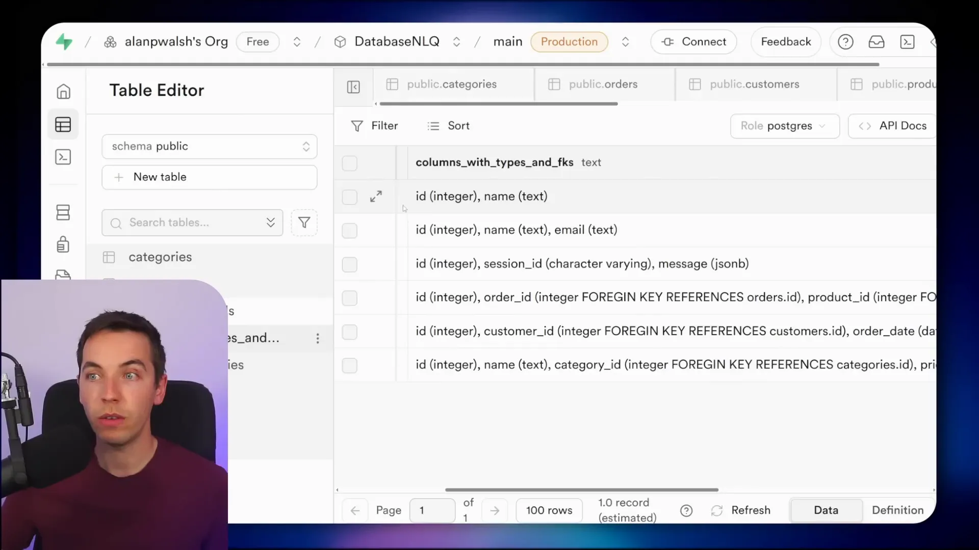 Database view showing tables, columns, data types, and foreign key references
