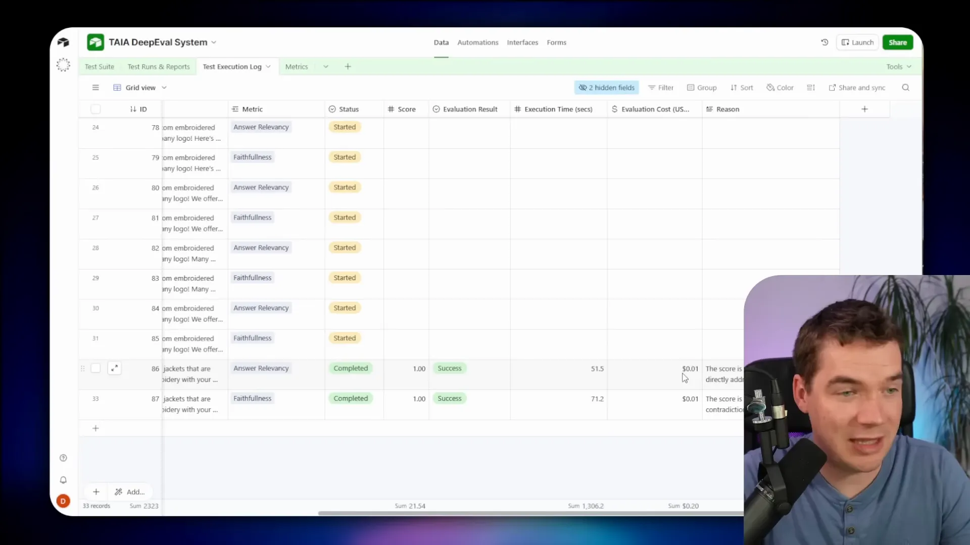 Airtable execution log entry showing the judge reasoning and cost per metric