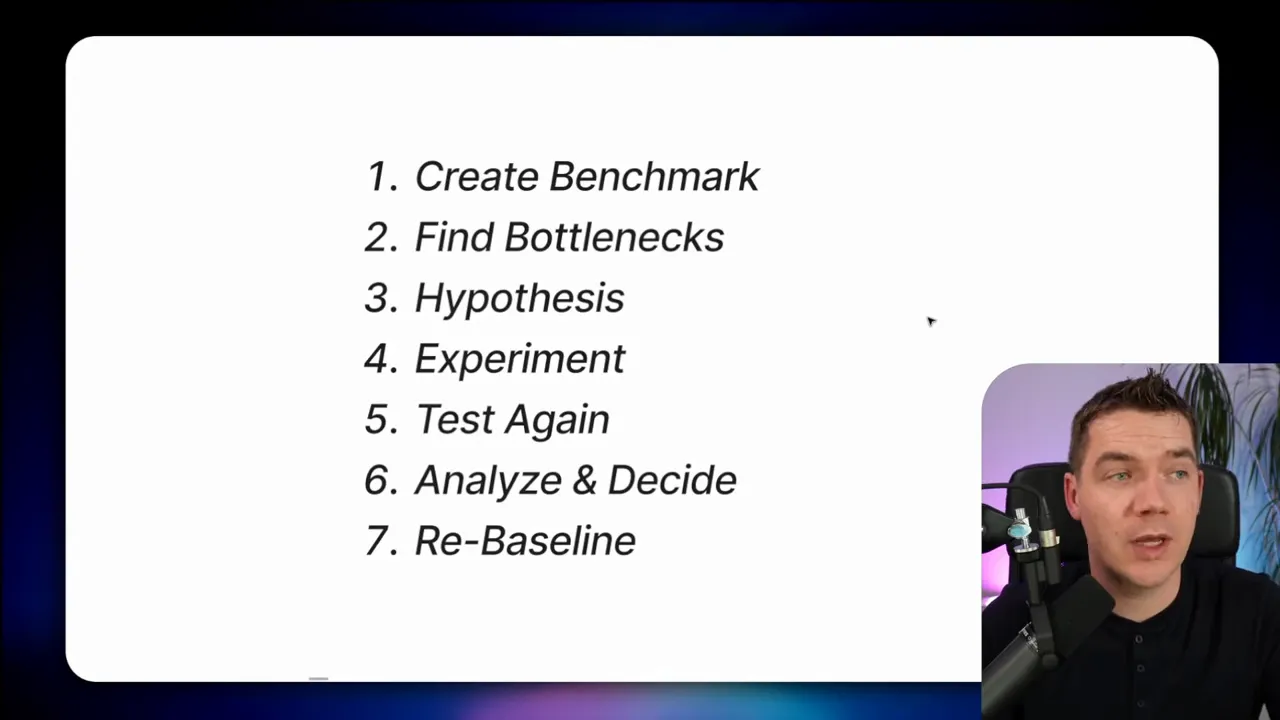 Seven step structure: benchmark, find bottlenecks, hypothesize, experiment