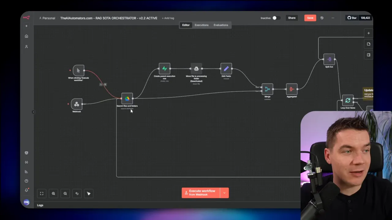 Orchestrator workflow in n8n that triggers the RAG import via webhook