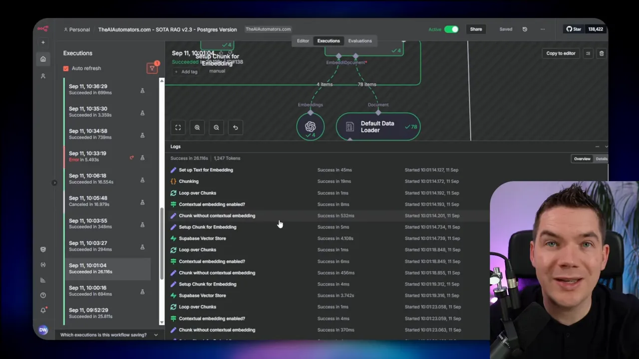 Log showing multiple slow upserts to Supabase using the vector store node