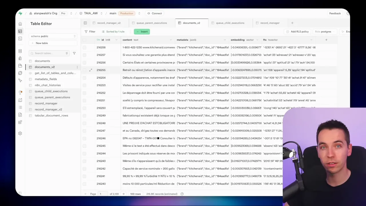 Supabase vector store showing 216,000 chunks and fast retrieval