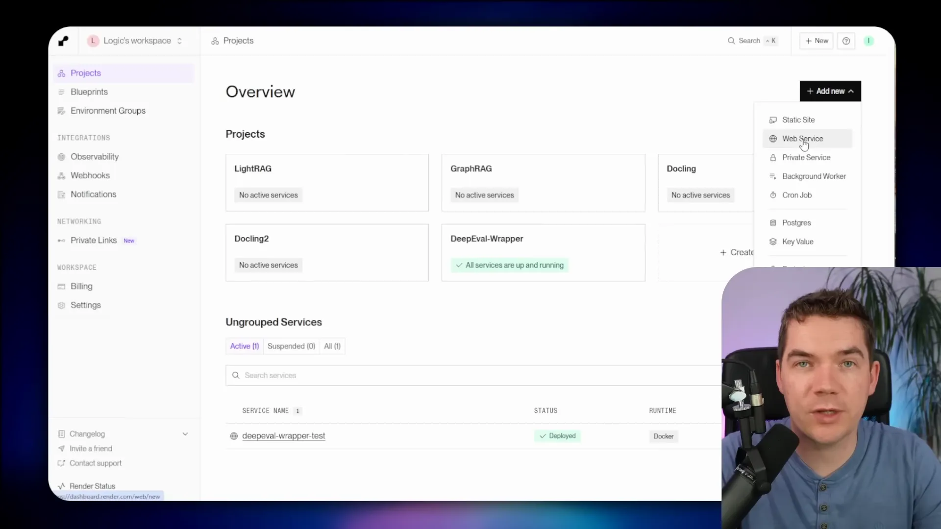 Render dashboard showing new web service creation and repo connection