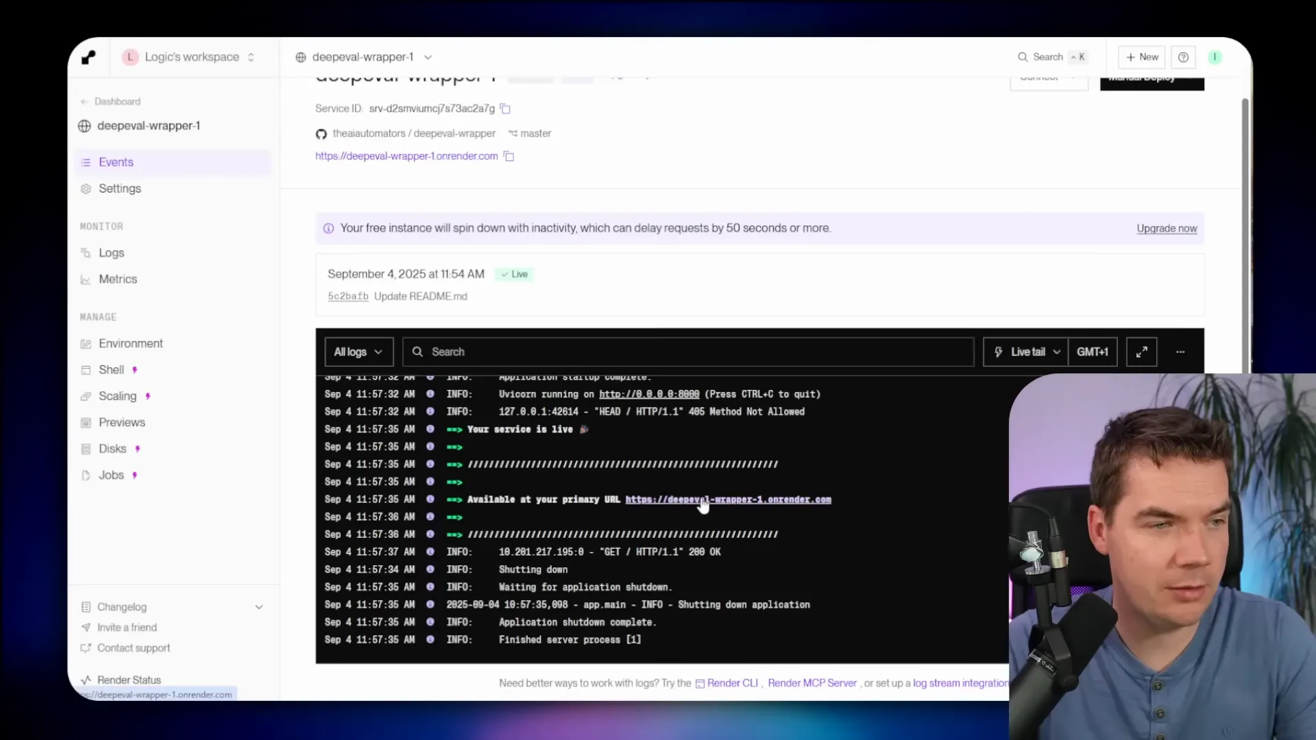 Screenshot showing Render service configuration with instance type choices and sleep behavior