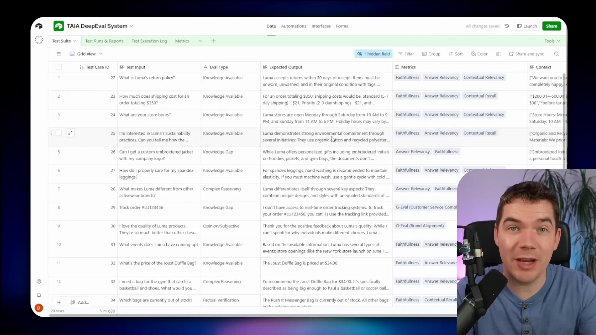 Airtable base showing test cases, test runs, and execution logs