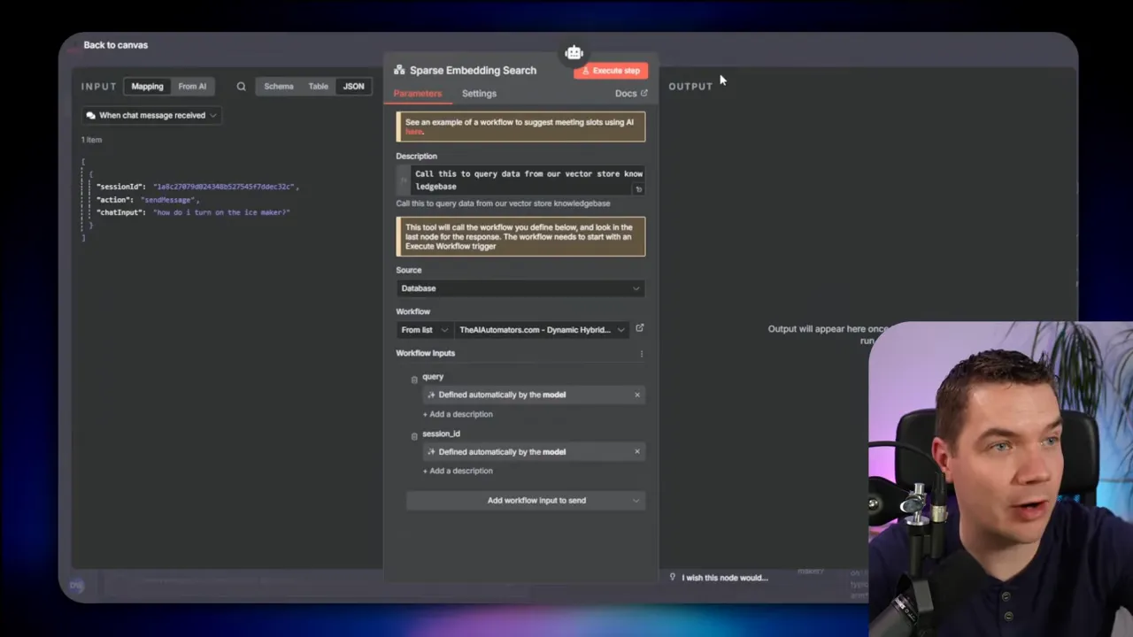 n8n workflow showing the call to Pinecone sparse embedding and query steps
