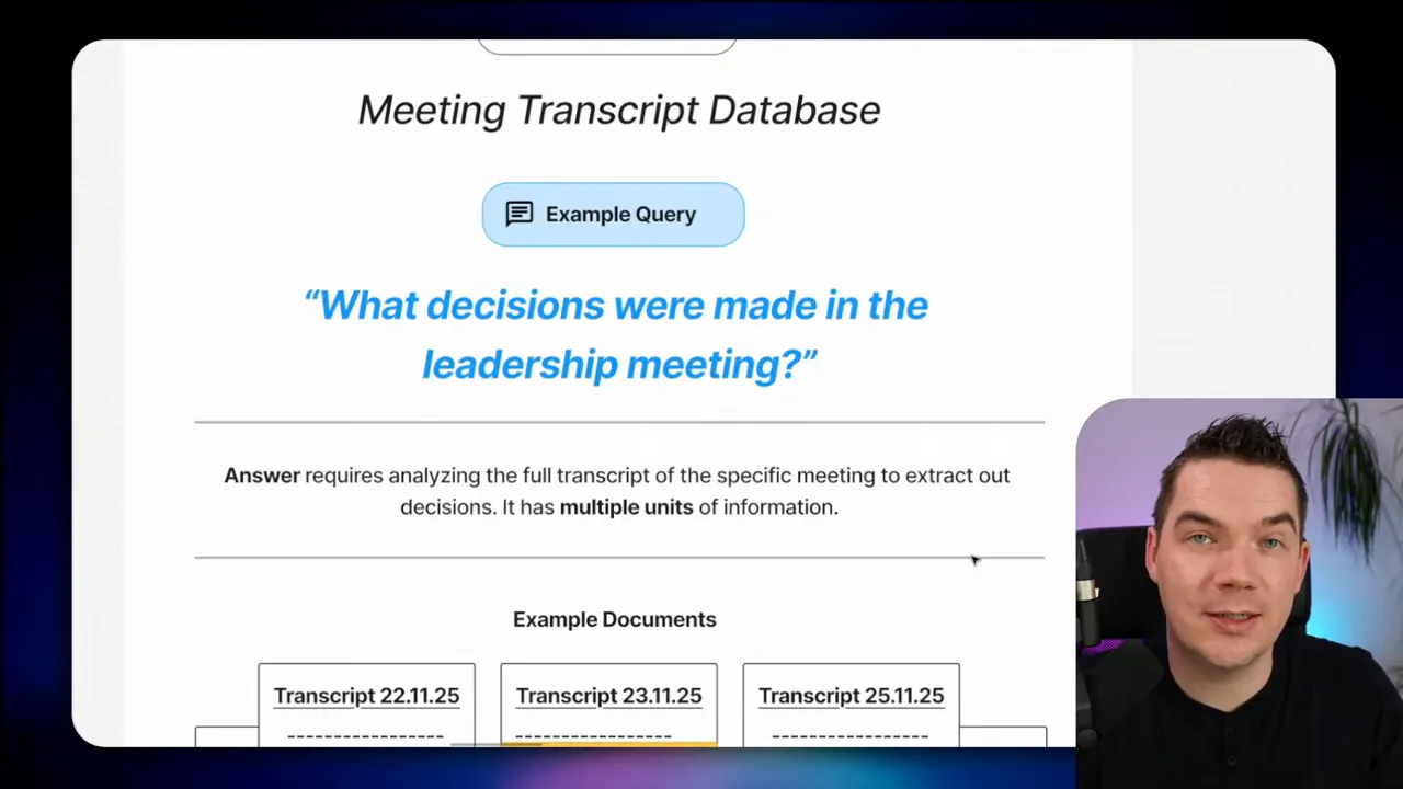 Slide showing example documents under the question 'What decisions were made in the leadership meeting?' with presenter thumbnail.