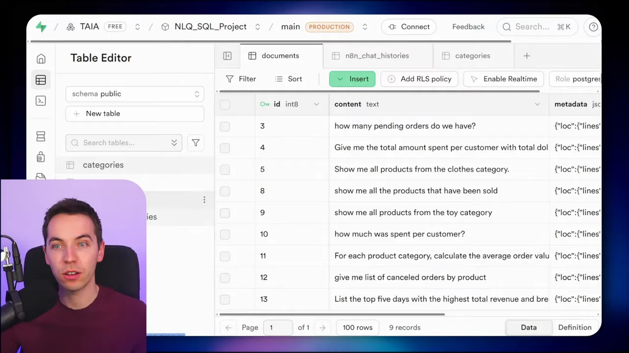Database UI documents table showing a content column with example user questions and a metadata column with JSON snippets
