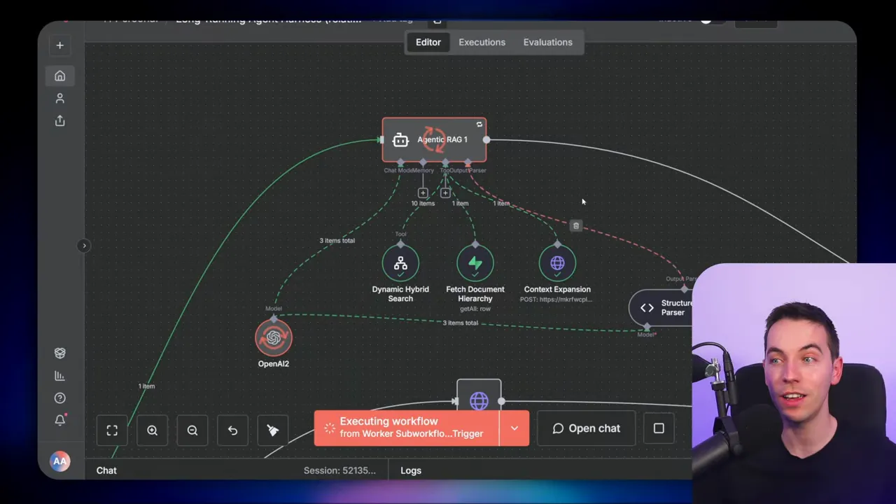 n8n workflow editor showing an Agentic RAG node connected to Dynamic Hybrid Search, Fetch Document Hierarchy, and Context Expansion nodes with an 'Executing workflow' status bar and a presenter inset.
