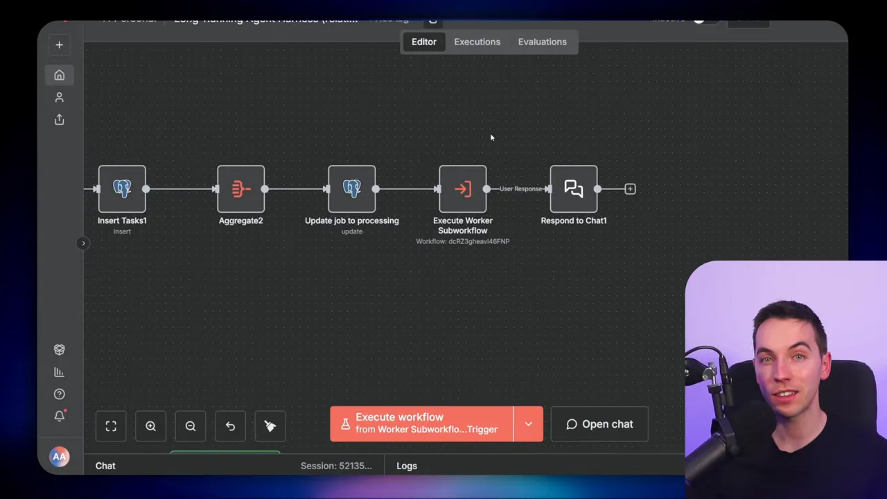 Focused shot of the n8n workflow editor highlighting the Update job to processing and Execute Worker Subworkflow nodes with Respond to Chat at the end; presenter inset on the right.
