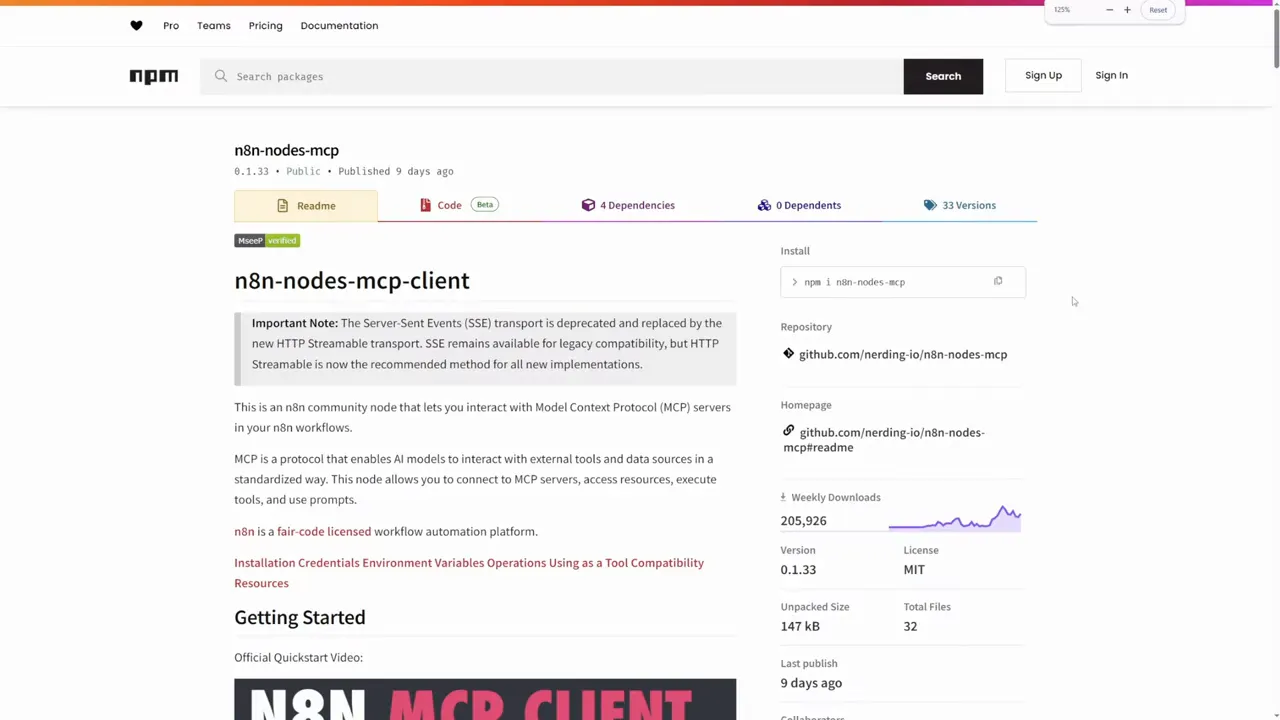 npm registry page for n8n-nodes-mcp-client showing package name, description, install command, repository link, and stats.