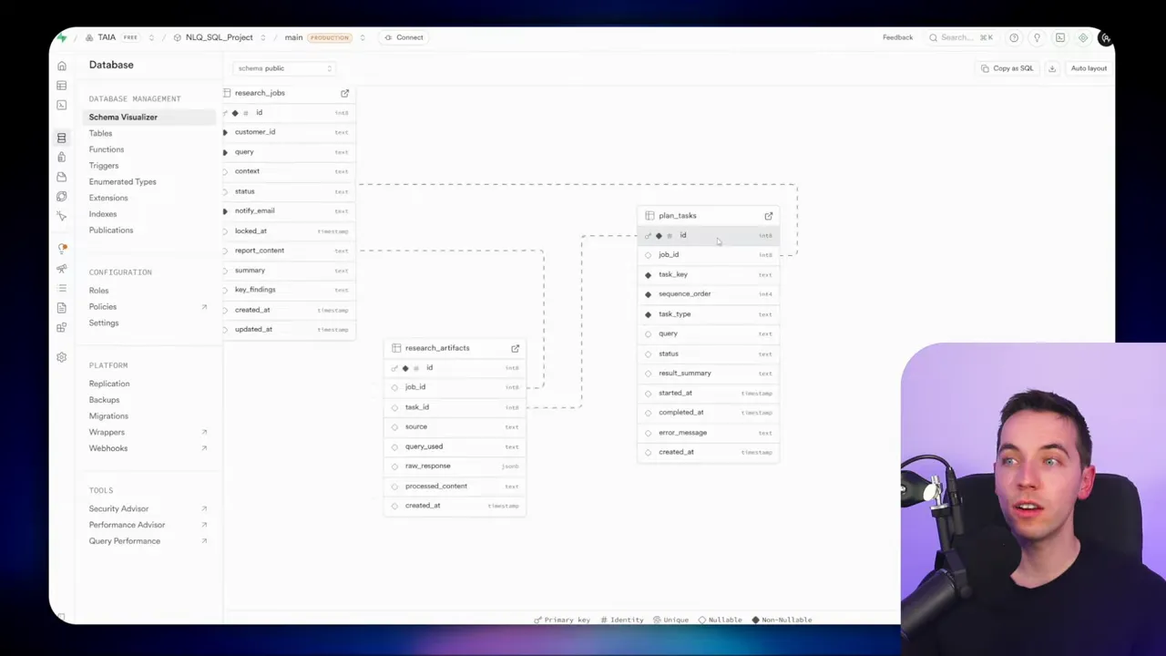 Database schema view with the plan_tasks table focused, showing fields like id, job_id, task_key, sequence_order and task_type; presenter inset at the lower right.